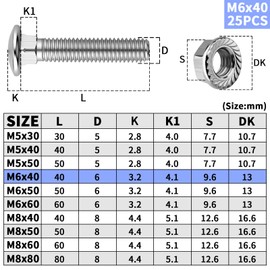 ddckj M6 Coach Bolts M6 x 40 mm Carriage Bolts 25 Pcs Coach Bolt with Flange Hexagon Nuts,for Industrial Machinery Construction Home Decoration