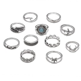 Prosy Boho Crystal/Flower/Crescent Moon/Wave/Star Knuckle Rings Set Silver Finger Joint Stackable Ring for Women and Girls (Style A)