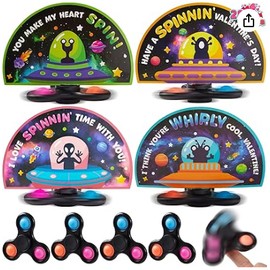 JOYIN 28 Packs Valentines Cards with Alien Style Fidget Spinner for Kids, Stress Relief Hand Finger Spinner Fidget Toy for Classroom Exchange, Valentine's Party Favors, Party Game Prizes for Kids