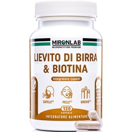 Lievito di Birra - Alto Dosaggio : 1640mg - Arricchito di Biotina Vitamine e Minerali - Integratore crescita capelli e Bellezza pelle e unghie - 120 Capsule : 1 mese - MIRONLAB