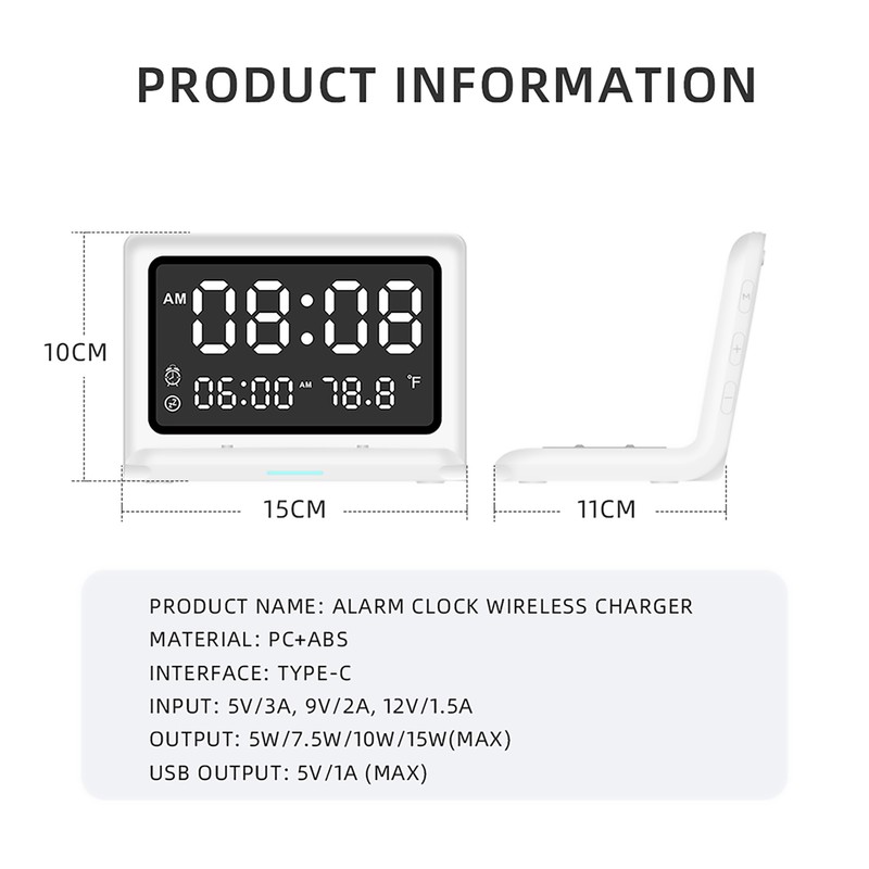 Multifunctional Digital Mirror Clock 15W Wireless Charging Alarm Clock with