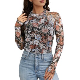 Buauty Lace Mesh Long Sleeve Tops Mock Neck Floral Going Out Tops for Women Trendy Double Lined Outfits Date Night Outfits