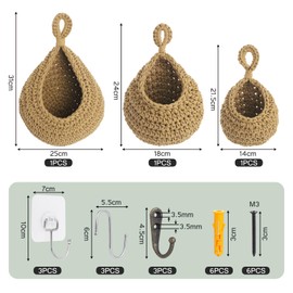 Coptiner 3Pcs Hanging Fruit Baskets for Kitchen, Hanging Basket Cotton Teardrop Hanging Baskets with three kinds of Hooks Fruit Space Saver Storage Organiser for Vegetable Onion Potato Storage (Khaki)