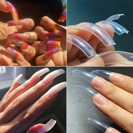 500 Pcs Curved Nail Tips with Box Kit, Tapered Square Hawk Curve Nail Tips Half Cover Clear Fake Nails for Nail Salon and DIY Nail Art 80 90s Nails (10 Sizes)