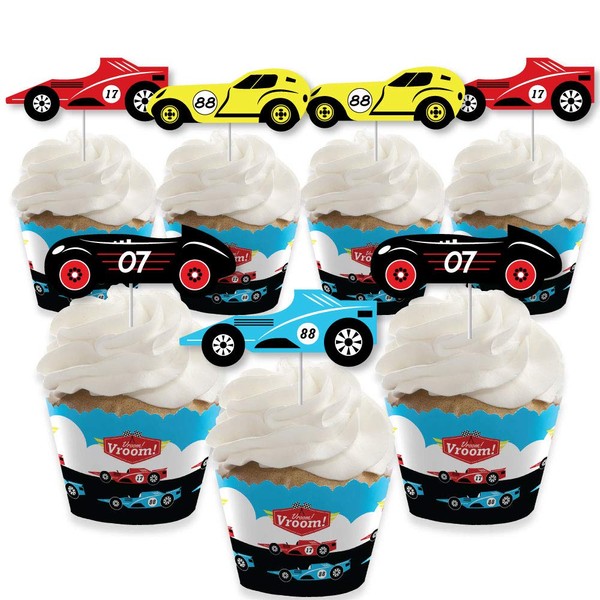 Big Dot of Happiness Let's Go Racing – Racecar – Decoración de cupcakes – Race Car fiesta de cumpleaños o Baby Shower Cupcake Wrappers and Treat Picks Kit – Juego de 24