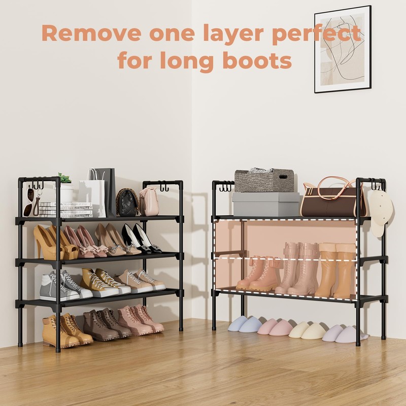 LANTEFUL 3 Tier Shoe Rack with 5 Hooks for Closet,