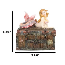 Ebros Pink Tailed Mermaid Nerida Resting On Sunken Treasure Chest Jewelry Box Figurine 5.25"L Decorative Trinket Keepsake Of Under The Sea Ocean Marine Life Sculpture Decor (Vibrant Colors)