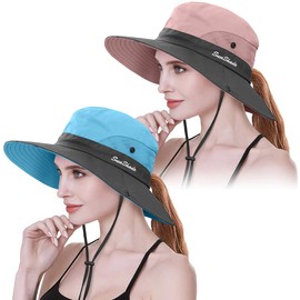 29 IYEBRAO 2 Pieces Womens Ponytail UV Protection Sun Hat Wide Brim for Fishing Hiking（Pink & Sky Blue）
