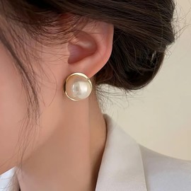 Sttiafay Boho Large Pearl Earrings Gold Pearl Stud Earrings Big Round Pearl Earrings Freshwater Pearl Bridal Earrings Disc Pearl Drop Earrings