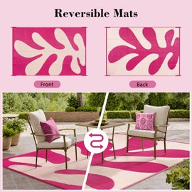 Lahome Hot Pink Coastal Coral Rv Outdoor Plastic Straw Rug, Waterproof 6x9 Outdoor Camping Rug, Lightweight Plastic Straw Camper Mats for Outside Beach Pool Patio Deck，Pink 6'x9'