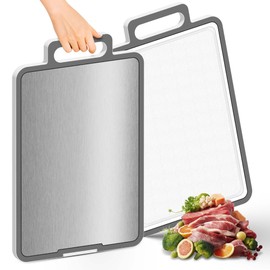 Double-Sided Cutting Board - 304 Stainless Steel with Easy Grip Handle, Non-Slip, Easy to Clean for Kitchen & Cooking