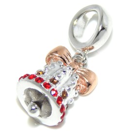 ICYROSE Solid 925 Sterling Silver Dangling Bell with Multi-colored Crystals Christmas Charm Bead for European Snake Chain Bracelets