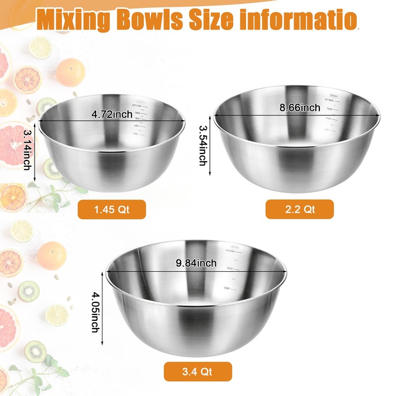 TINSKY 3 Pcs Stainless Steel Mixing Bowls Set Food Grade