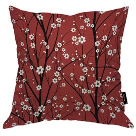 Beabes Cherry Tree Decorative Throw Pillows Covers, Japanese Floral Cherry Throw Cushion Cover Cotton Linen Pillowcases for Bedroom Sofa Living Room, 18x18 Inch, Red White