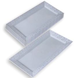 Silver Spoons White Plastic Rectangular Trays with Lace Rim - 14" x 7.5" (Pack of 6) - Perfect for Parties, Weddings & More