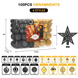 Aitsite Pack of 101 Christmas Tree Baubles Black and Gold Christmas Baubles 6 cm / 4 cm / 2 cm Plastic Christmas Tree Decoration Wall Hanging Ornaments Christmas Tree Baubles Tinsel Door Decorations