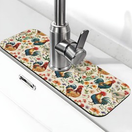 Colorful Farmhouse Chicken Kitchen Sink Splash Guard Faucet Mat, Super Absorbent Fast Drying Mat for Bathroom, Farmhouse Rooster Decor Gifts, 5.5x15 in