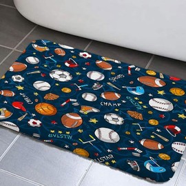 JAWO Sport Bath Mat, Boys Basketball Football Bathroom Rug Shower Floor, Baseball Soccer Hockey Star Navy Blue Bath Rug, Absorbent Doormat Bedroom Rug Kitchen Rugs, 16X24 Inch, Blue