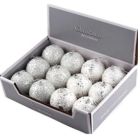 H&S Collection Set Of 12 Large Dazzling 8cm Ice White Christmas Tree Baubles Decorations
