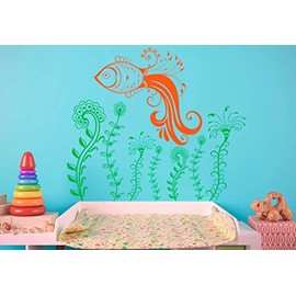 Goldfish Fancy Seaweed Underwater Theme Cute Wall Decal Vinyl Home Decoration - 20" high x 20" Wide Applied as Shown