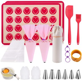 Silicone Macaron Baking Mat Kit - (30 in 1) Macaroon Baking Mat Heart Set,2 Half Sheet Macaron Silicone Mat,1 Egg Separator,1 Pastry Brush,1 Spatula,6 Frosting Tips,12 Piping Bags