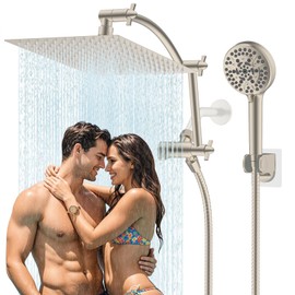 Hibbent All Metal Shower Head, 12'' High Pressure Rain Shower Head/Handheld Showerhead Combo with 16'' Adjustable Arc-shaped Extension Arm, 10 Sprays, 71'' Hose, Showerhead Holder, Brushed Nickel