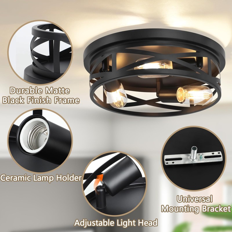 13-Inch Farmhouse Ceiling Light Fixtures 2-Pack, 3-Light Black Flush Mount