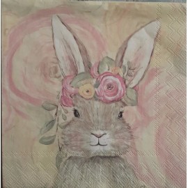 2 individual Paper BEVERAGE NAPKINS -BUNNY FLOWERS PINK CUTE