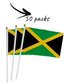 50 Packs Jamaican Flag Hand-hold Mini Small Hand-waved of Jamaica Flag With Plastic Sticks Party Parade Celebration Sports Football Game School Events Festival Outdoor Decoration