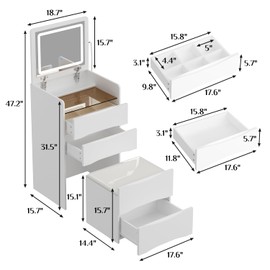 Timechee Vanity with Mirror and Lights, Small Foldable Cute Make up Vanity Desk with 3 Drawers, Hidden Chair, Shelves and Glass Tabletop for Bedroom, Dressing Room, White(18.7"x 15.7"x 47.2")