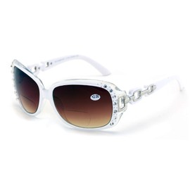 V.W.E. Oversized Rhinestones Women Bifocal Reading Sunglasses Reader Glasses Vintage Outdoor (White, 4.00)