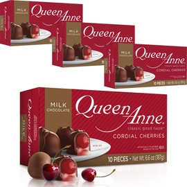 Queen Anne Milk Chocolate Covered Cordial Cherries | 6.6 oz (Pack of 4) | 10 Piece Gift Boxes | Whole Maraschino Cherry Creamy Filled Liquid Center | Holiday Party Chocolate Candy