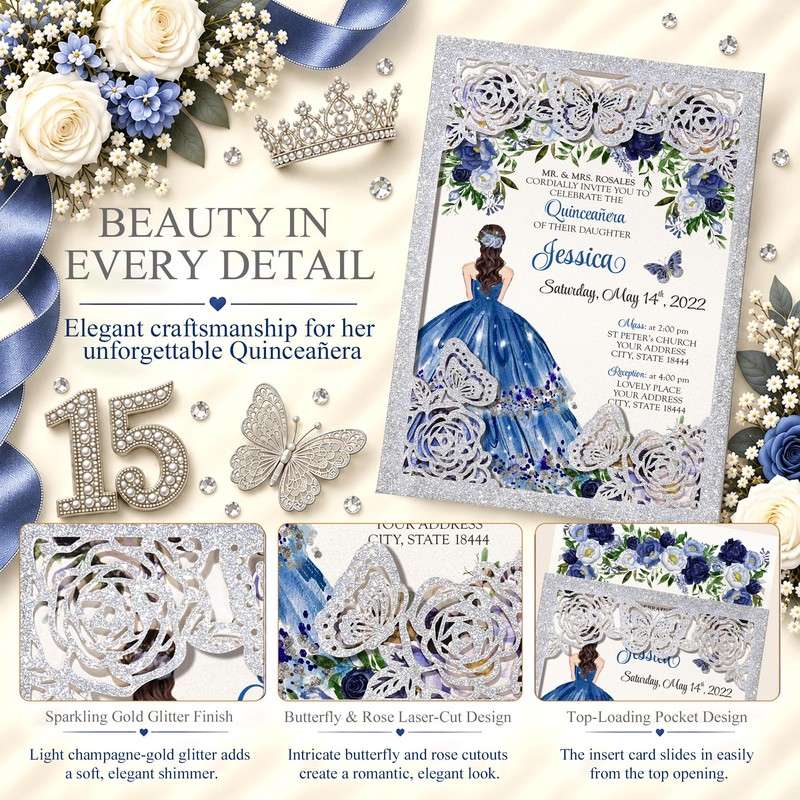DORIS HOME 50Pcs Glitter Silver Butterfly Quinceanera Invitations, 5" x