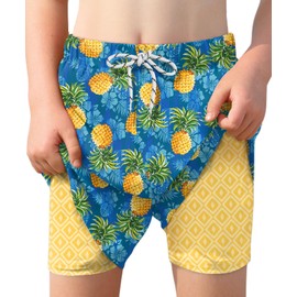 BesserBay Summer Boys' Swimming Trunks with Compression Liner Pockets UPF 50+ Swimming Board Shorts 120-160, Blue Floral Pineapple, 150