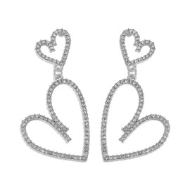 Sparkling Crystal Love Heart Dangle Earrings Women Valentine' Day Gift Rhinestone Heart with Heart Stud Earrings Brides Gift (silver)