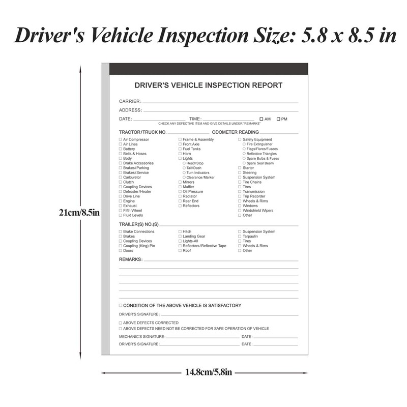 (10-Pack) Detailed Driver's Vehicle Inspection Report Book Format, 2-Ply Carbonless,