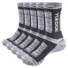 YUEDGE Mens Grey Outdoor Walking Hiking Socks Moisture Wicking Anti-Odor Breathable Cotton Everday Work Boot Casual Athletic Sports Cushioned Crew Socks for Men Size 9-11, 5 Pairs