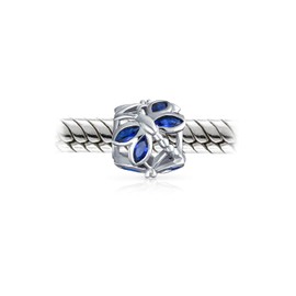 Blue CZ Butterfly Dragonfly Firefly Bead Simulated Blue Sapphire Charm Bead For Women For Teen Fits European Bracelet .925 Sterling Silver