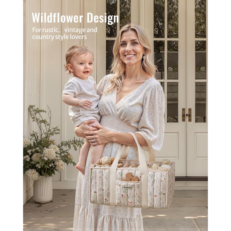 Blissful Diary Floral Diaper Caddy Organizer, Stylish Nursery Storage Basket,