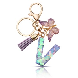 CHUQING Keyring with Letter Girl Keyring Initial Letter Gift Women Key Ring Butterfly Purple, Purple-V