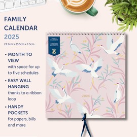 Busy B 2025 Wall Calendar - Family Calendar, Birds Design with 5 Columns & Storage Pockets - Monthly 2025 Calendar for Busy Families with Colour-Coded Stickers - 23.5 x 25.5cm