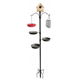5 Feeders + 1 Birdhouse Bird Feeding Station 90" Height 1" Diameter Outdoor Stand with 5-Prong Base Attract Wildbird to Yard Garden Patio