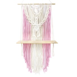 LB Pink Macrame Wall Hanging Shelf, Boho Wall Decor Wood Floating Shelf for Bedroom Living Room Nursery Bathroom, Bohemian Handmade Woven Rope Storage Rack for Plant, 30" L x 16" W