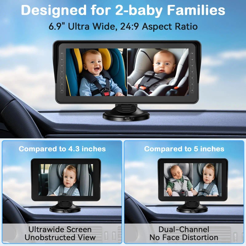 Dual Baby Car Camera 2 Kids 7.0'' Split Screen Ultrawide
