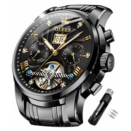 OLEVS Black Mens Automatic Watches Self Winding Mechanical Skeleton Tourbillon Luxury Diamond Business Dress Date Wrist Watches for Men Waterproof Luminous