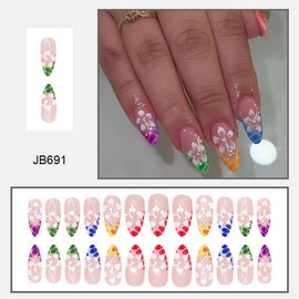 Flower Press on Nails Medium Almond Fake Nails with Floral Design Spring False Nails Colorful French Tip Nails Press ons Almond Full Cover Glue on Nails Glossy Stick on Nails for Women Manicure 24Pcs