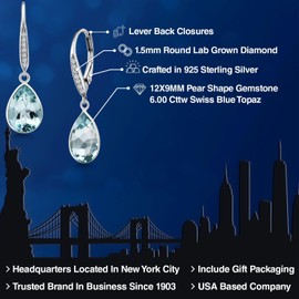Gem Stone King 6.00 Cttw Pear Shape Blue Topaz and Lab Grown Diamond Drop Dangle Teardrop Earrings For Women | 925 Sterling Silver | Gemstone Birthstone | Pear Shaped 12X9MM