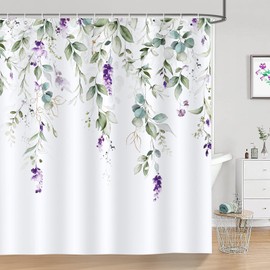 Bonhause Purple Floral Shower Curtain, Sage Green Eucalyptus Shower Curtain with Watercolor Plant Leaves Flower 72x72 Inch Polyester Fabric Waterproof Bathroom Curtain with 12 Hooks