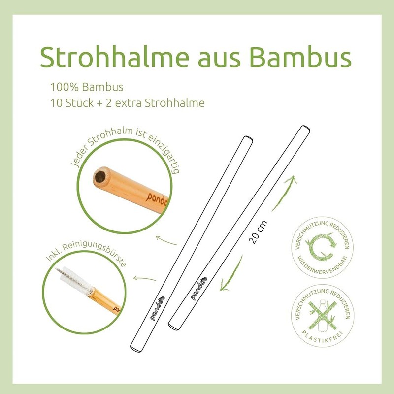 Pandoo® pack of 12, 100 % bamboo straws including cleaning brush