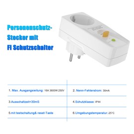 PRCD Personal Protection Socket with Switch and Cover, DI Socket, FI Circuit Breaker 230 V/16 A, IP54 Outdoor, 10 mA Protective Contact Trip Residual Current, Personal Protection Plug, White